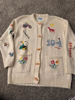 Mother Cream Embroidered Button-Up Cardigan with Floral & Motif Details